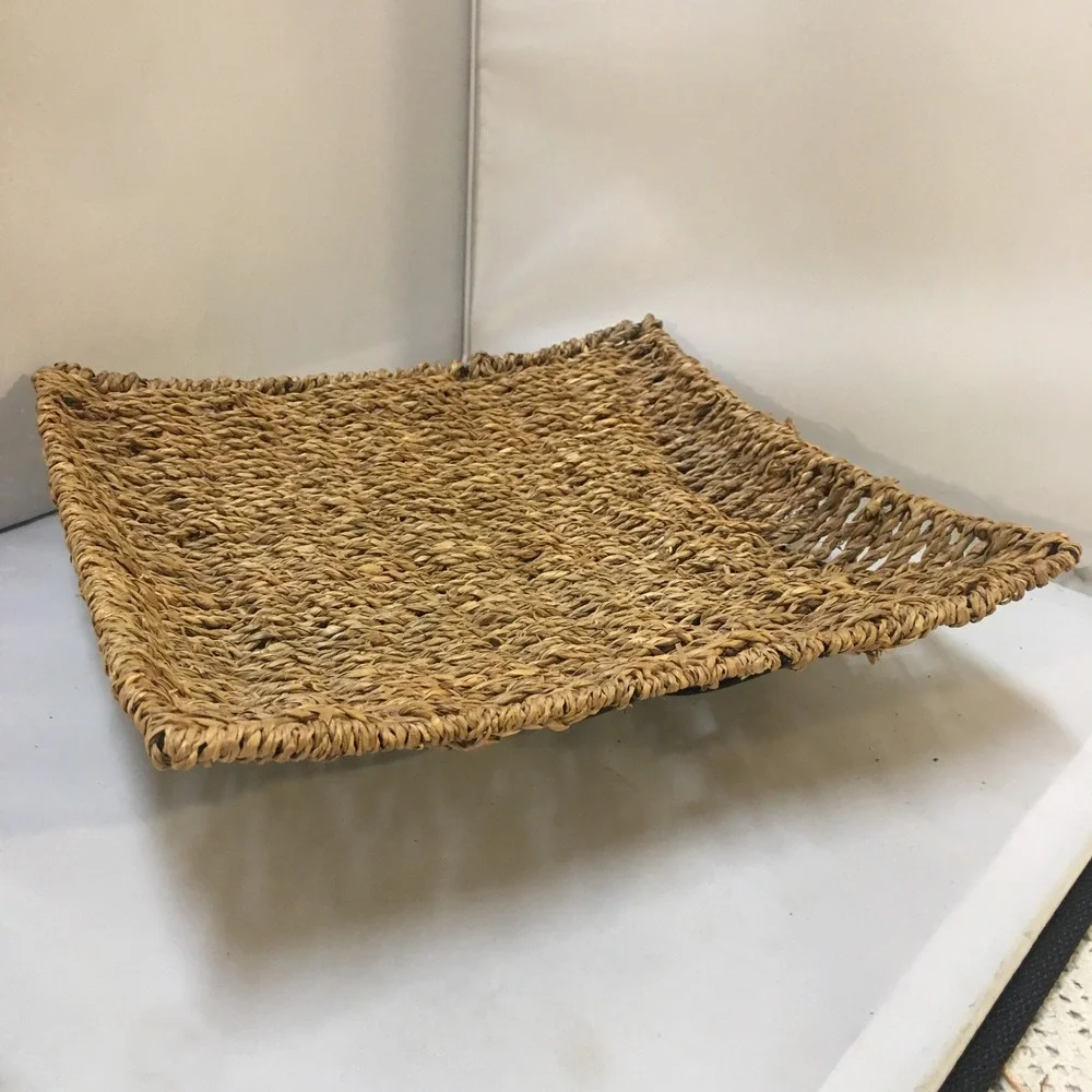 Woven Seagrass Tray Home Decor 10.5in Tan Square Metal Frame Boho Cottagecore